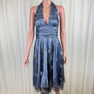 Adrianna Papell Boutique Sparkly Chiffon Halter Flare Midi Dress Size 10 Blue
